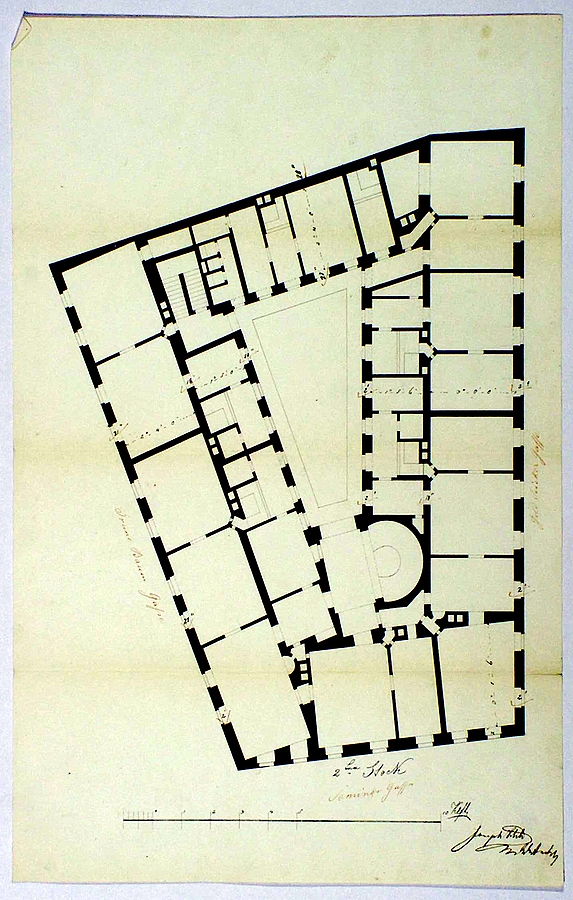 Msodik emelet. A keleti homlokzat Cukor utcra (Goldsticker Gasse) nz